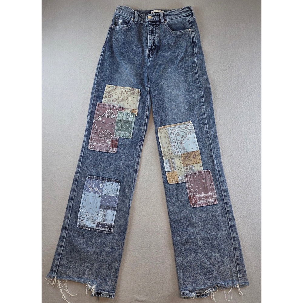 SO Super High Rise Dad Jeans Patchwork Bandana Button Fly Y2K Boho Size 3 26W